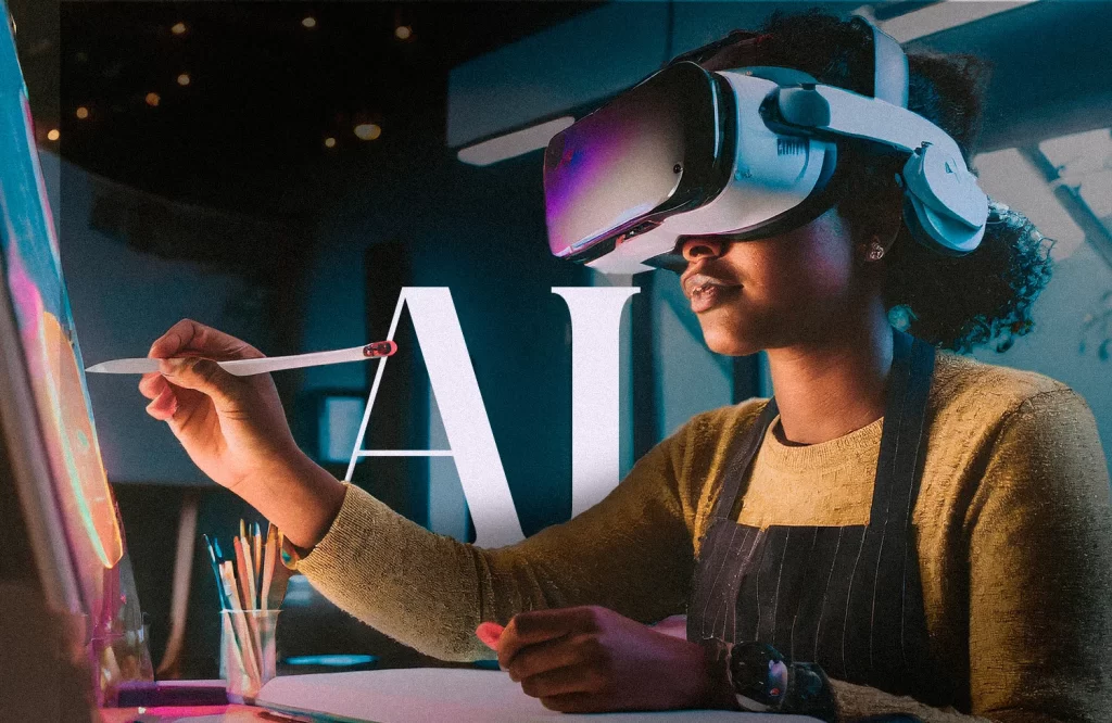 Diseño e inteligencia artificial – diseñadora con gafas de realidad virtual