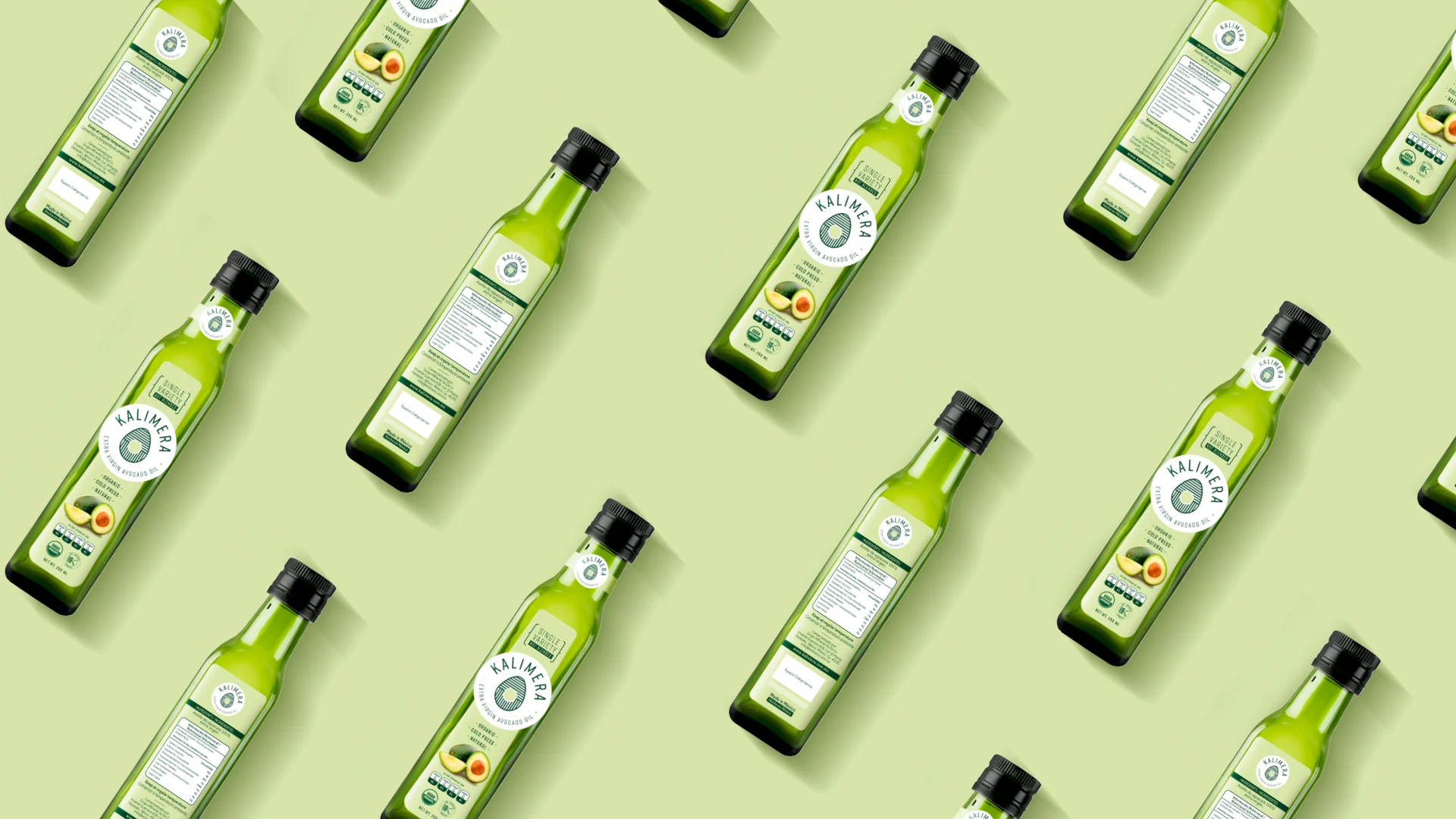 Kalimera – patrón de botellas de aceite sobre fondo verde claro