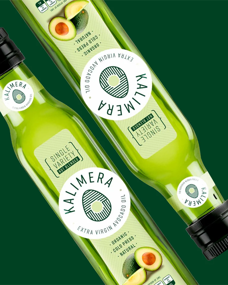 Kalimera – botellas de aceite con la etiqueta de la marca