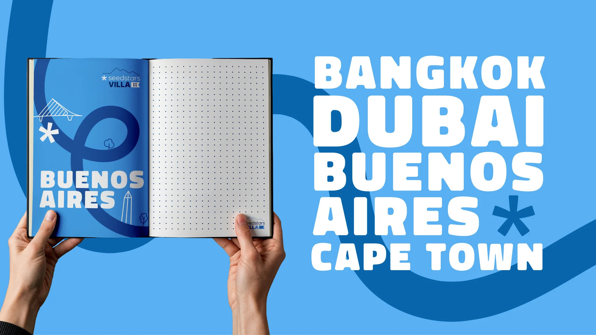 Villas Seedstars – cuaderno con los destinos Bangkok, Dubái, Buenos Aires y Ciudad del Cabo